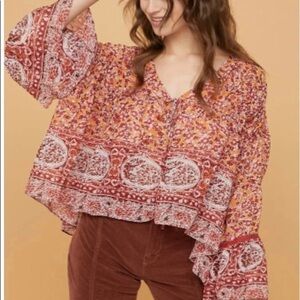 Free People‎ Boho Floral Blouse Women's Size XS Bell Sleeve Peasant Top Comfy